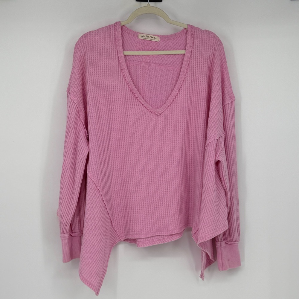 We The Free Free People Pink Waffle Knit Asymmetrical V-Neck Thermal Top S